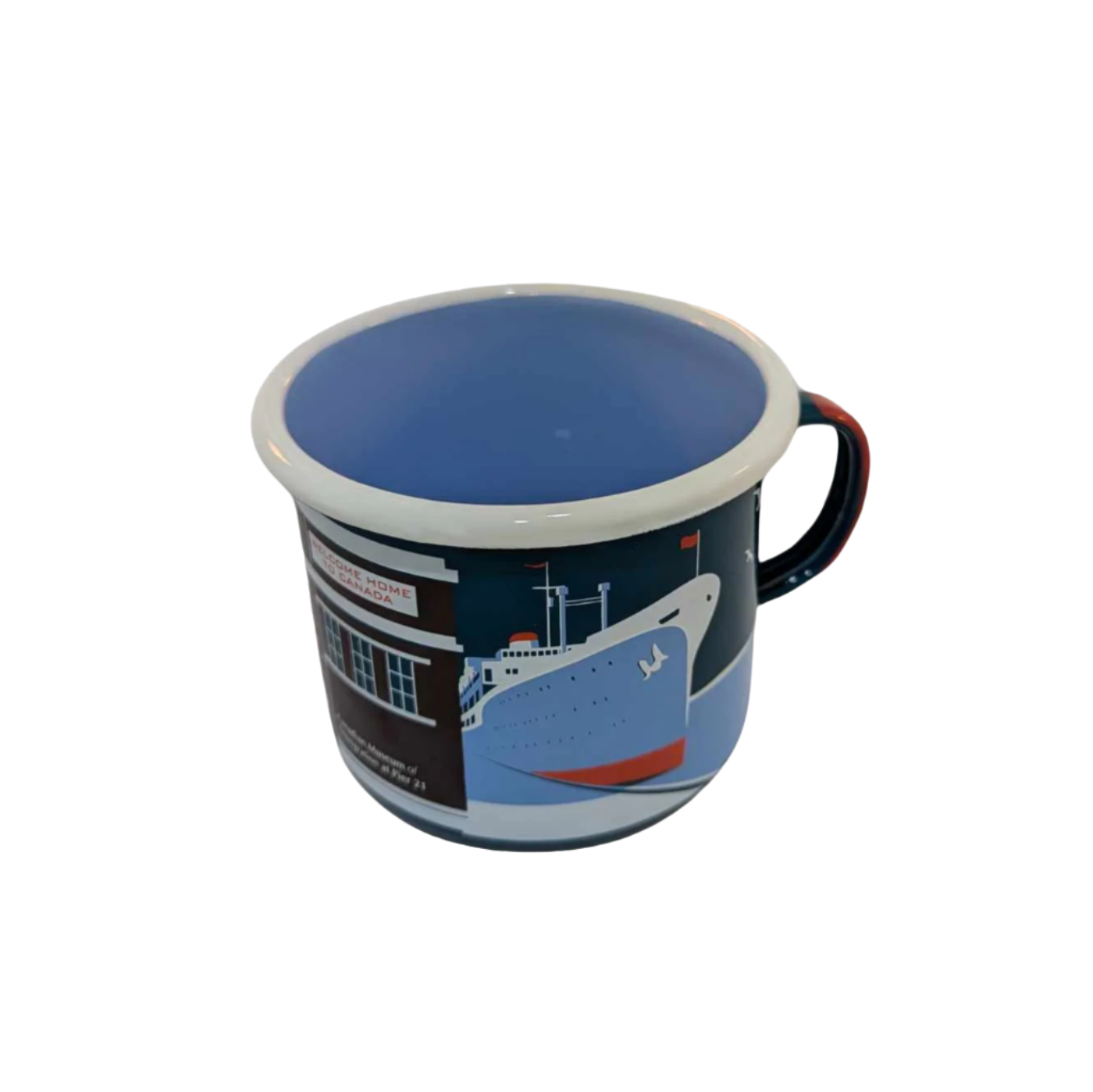 Right-side view of enamel mug with artistic representation of a ship docked outside Pier 21 in blues, brown and red