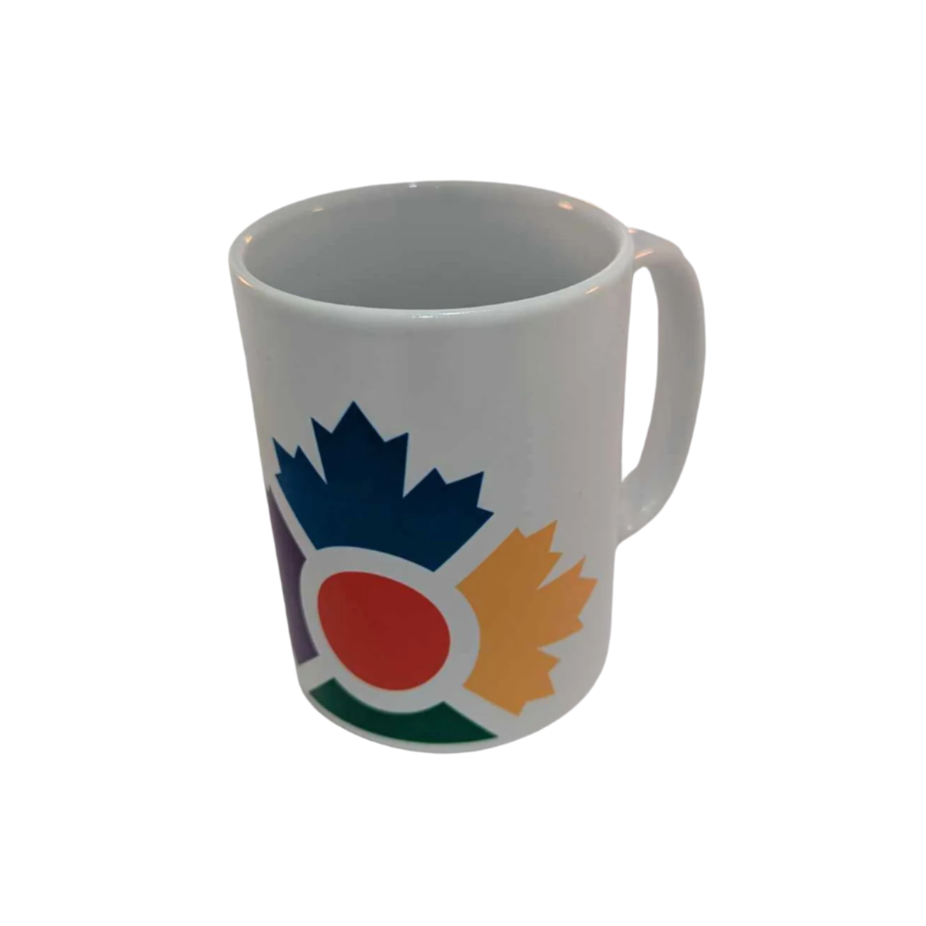 Tall, white mug with colourful icon of four maple leaves in blue, yellow, green and purple with a red circle in the middle