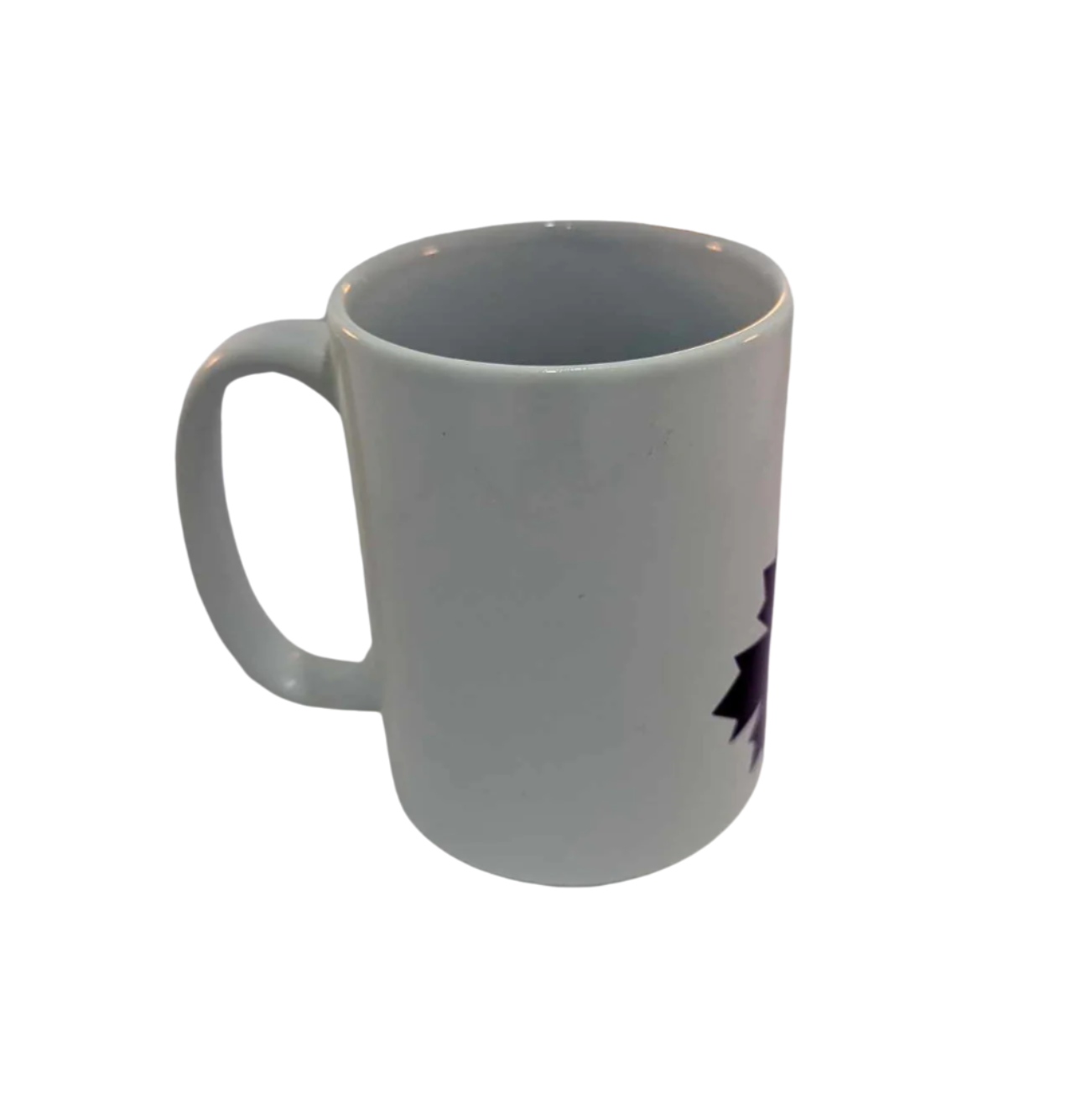 Left side of tall, white mug with only the purple maple leaf showing from the colourful icon