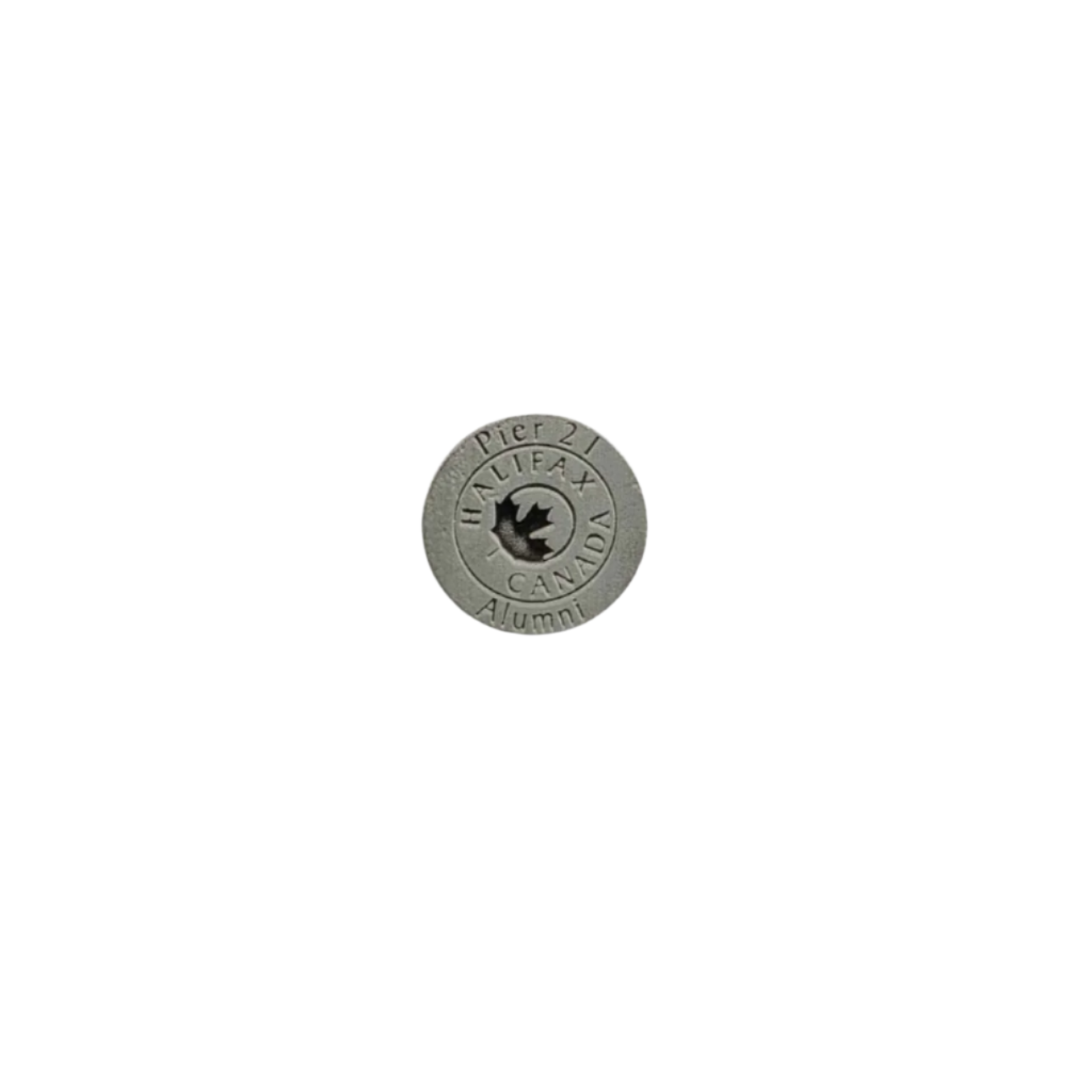 Round, pewter pin with Pier 21 Alumni around the outer circumference and Halifax, Canada and maple leaf in the center