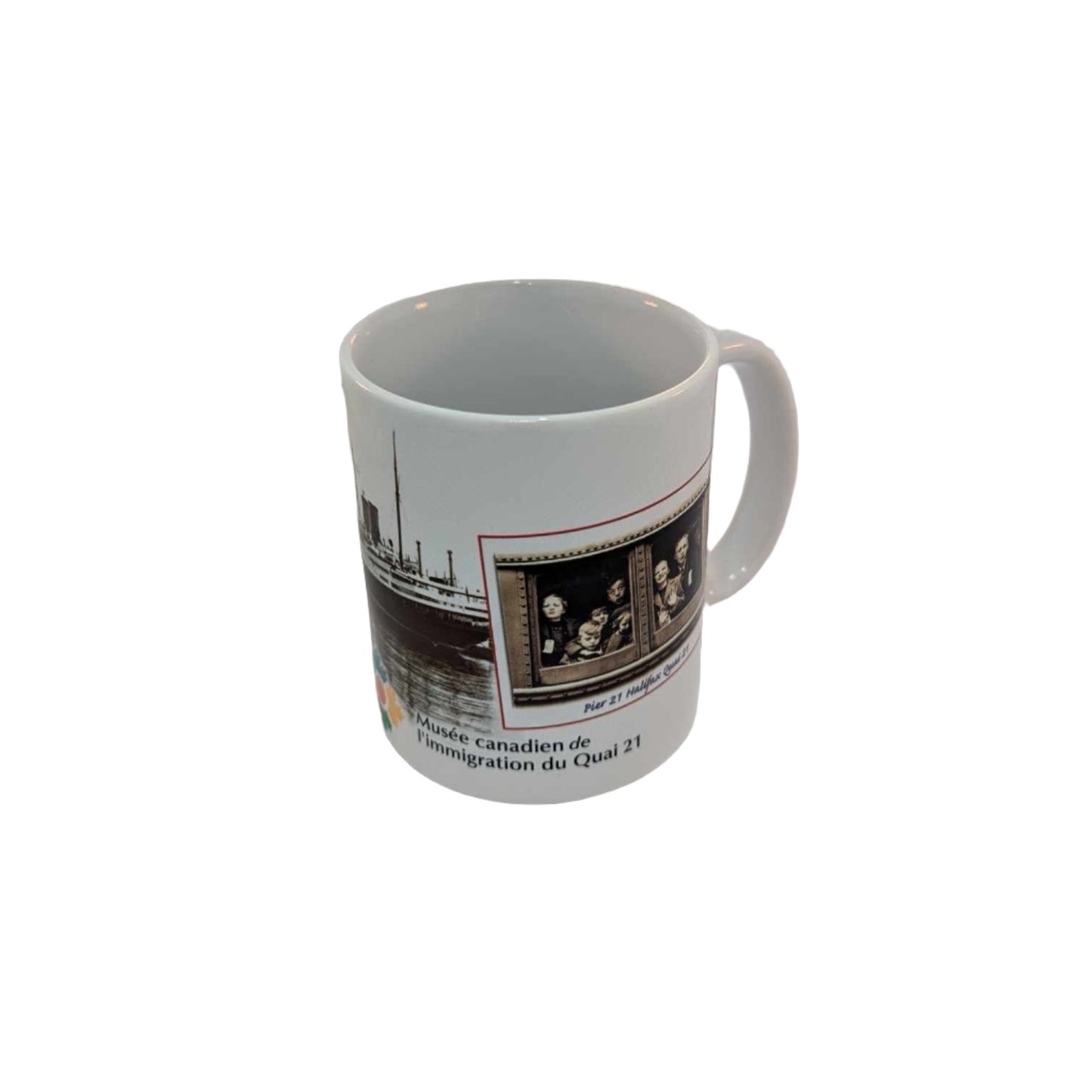 White mug with right side of the image of the Berlin II docking at Pier 21 and inset of children on train and Museum's logo on the bottom