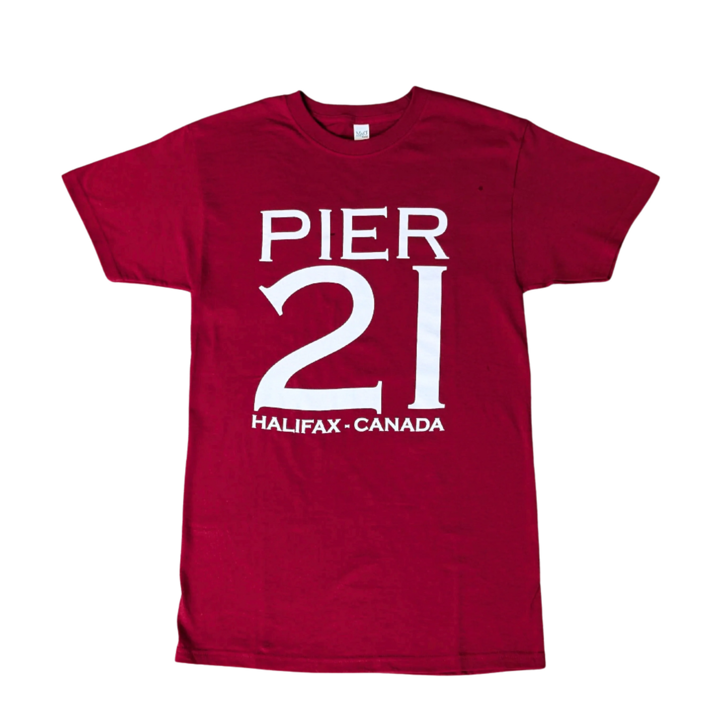 Red cotton t-shirt with Pier 21 in large white lettering and Halifax Canada in smaller letters below