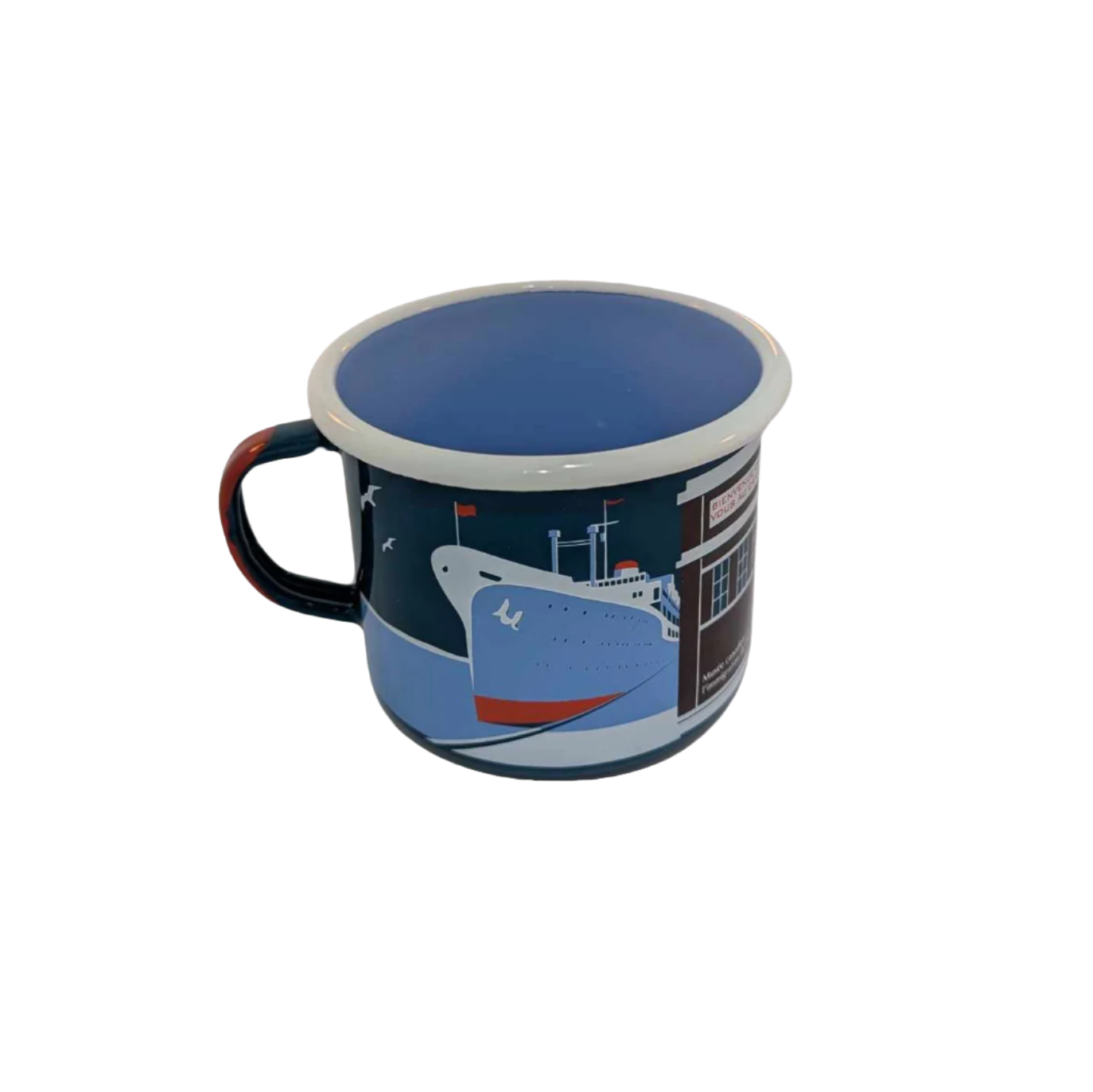 Left-side view of enamel mug with artistic representation of a ship docked outside Pier 21 in blues, brown and red