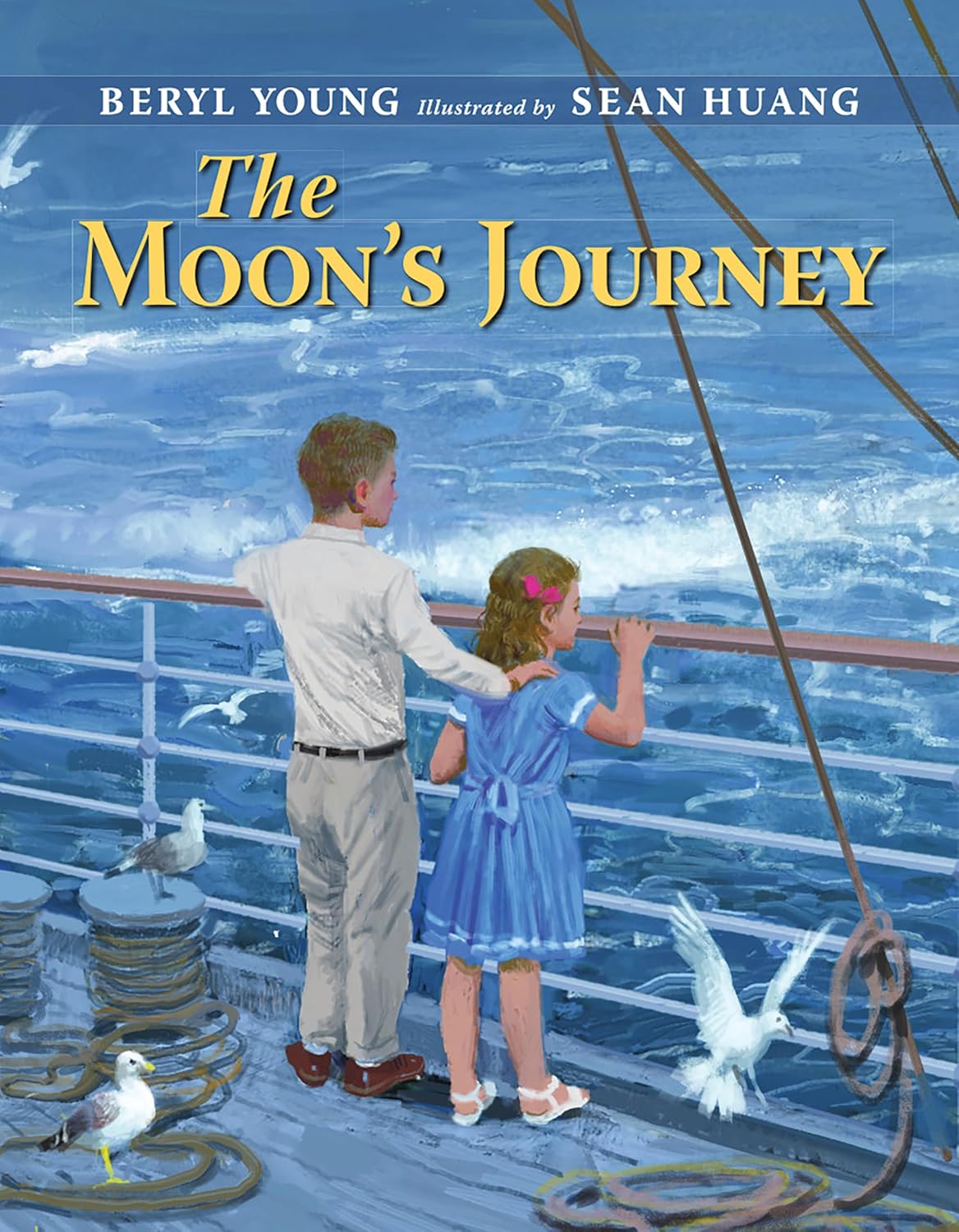 Book cover with two children, a taller boy and a shorter girl, looking over the railings of a ship at the waves of the Atlantic Ocean.