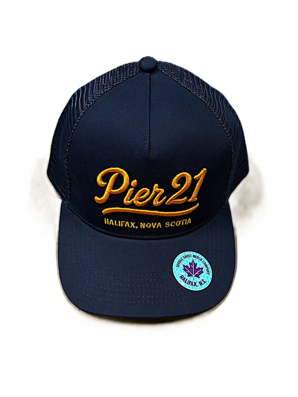 Red cotton t-shirt with Pier 21 in large white lettering and Halifax Canada in smaller letters below 