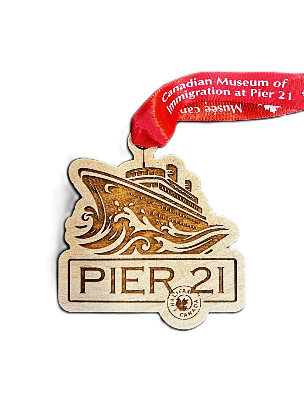 Enamel keychain replica of the water-facing side of Pier 21 and topped with a gold-finished keyring