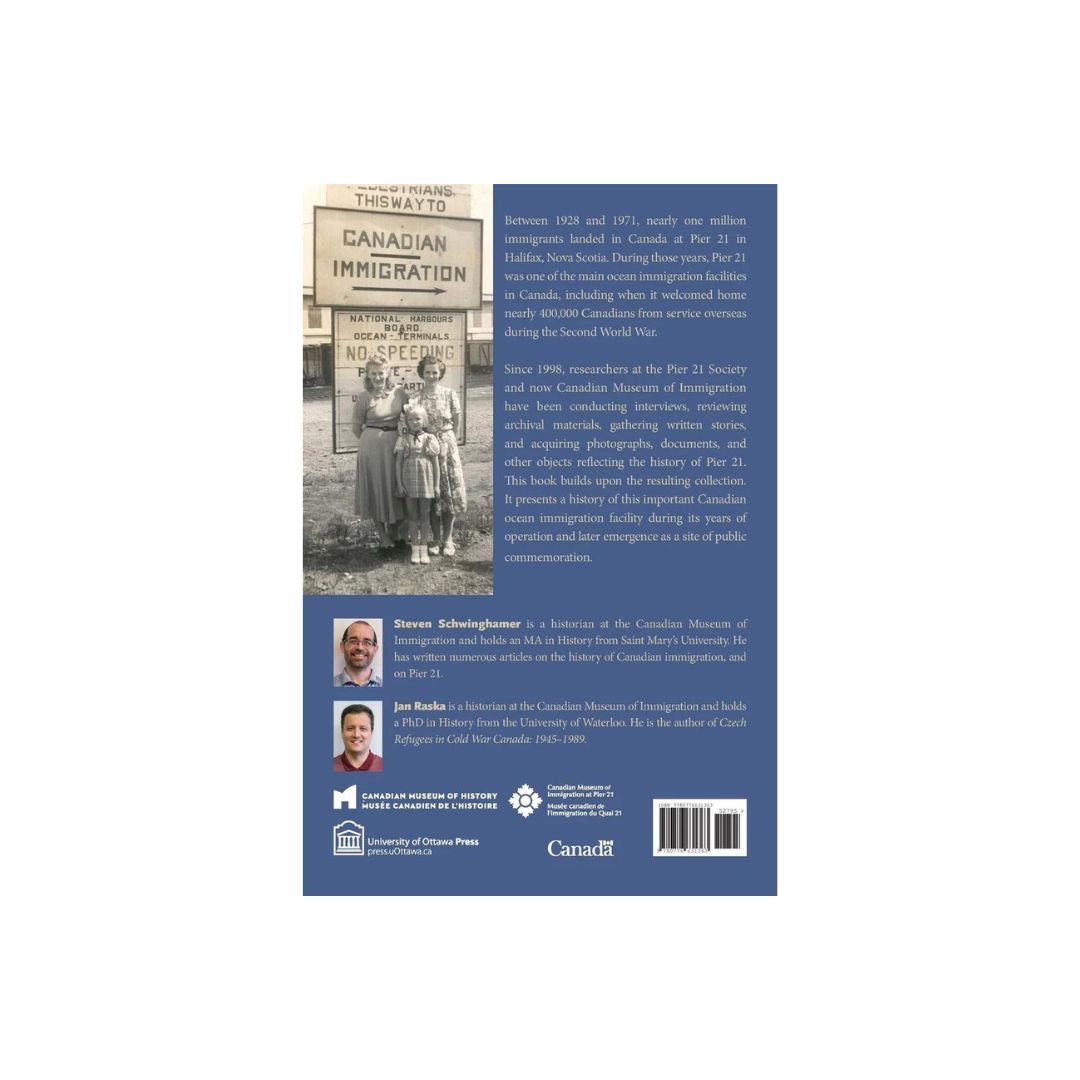 Back cover of Pier 21: A History with a description of the book on blue background, a picture of two women and female child on the top left and images of both authors on the bottom 