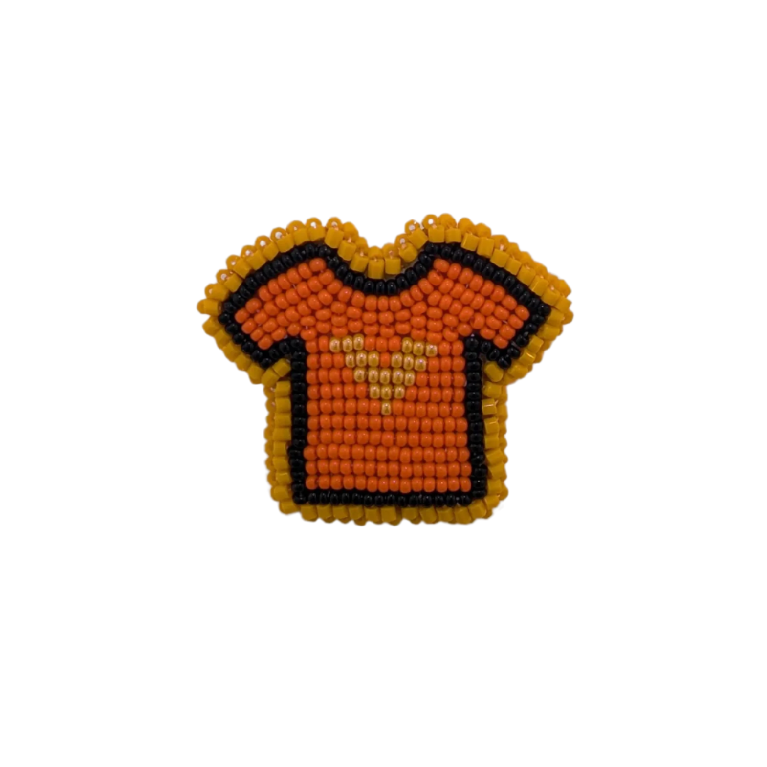 Sea bead orange t-shirt pin with a light orange heart in the center, a black outline and a lighter orange outline around the black 