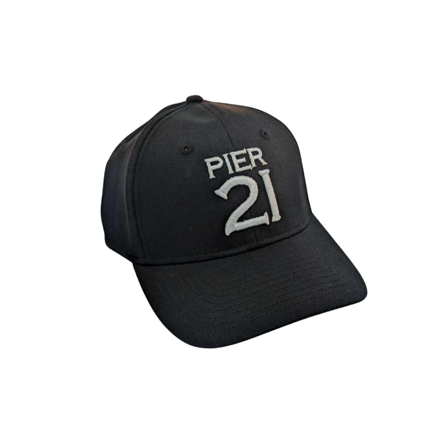 Black, dad-style hat with Pier 21 embroidered on the front in white 