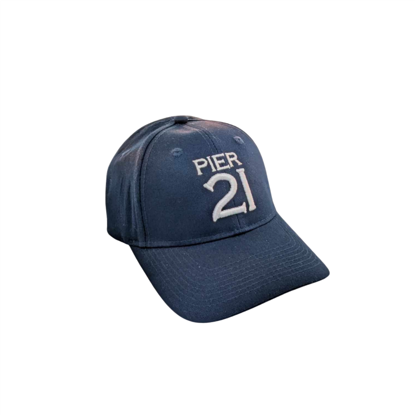 Navy, dad-style baseball hat with Pier 21 embroidered on the front of the hat in white 