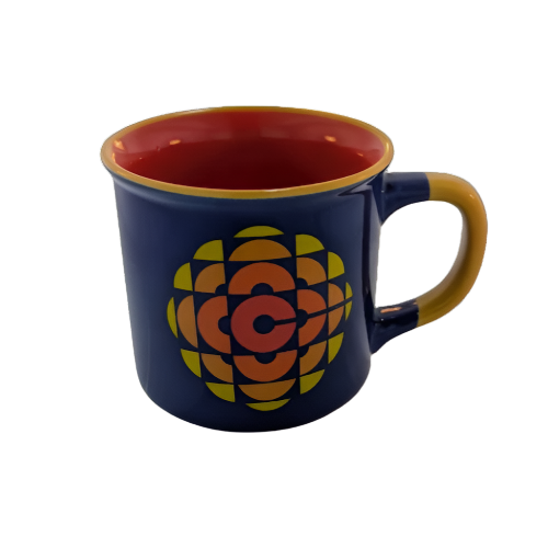 Blue mug with red interior and yellow accent with the 1974 CBC logo in the middle in yellow, oranges and reds 