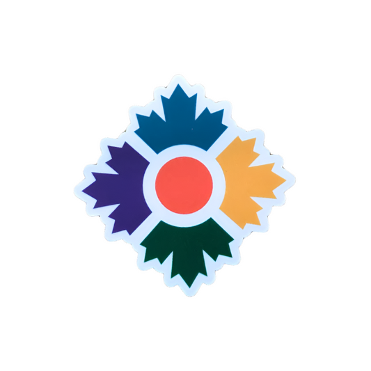 Canadian Museum of Immigration at Pier 21 icon with a red circle in the center and 4 rounded maple leaves around it in blue, yellow, green and purple creating a colourful compass rose