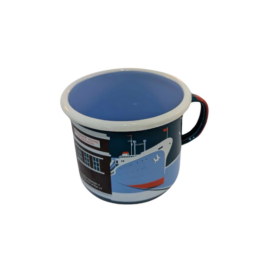 Right-side view of enamel mug with artistic representation of a ship docked outside Pier 21 in blues, brown and red 