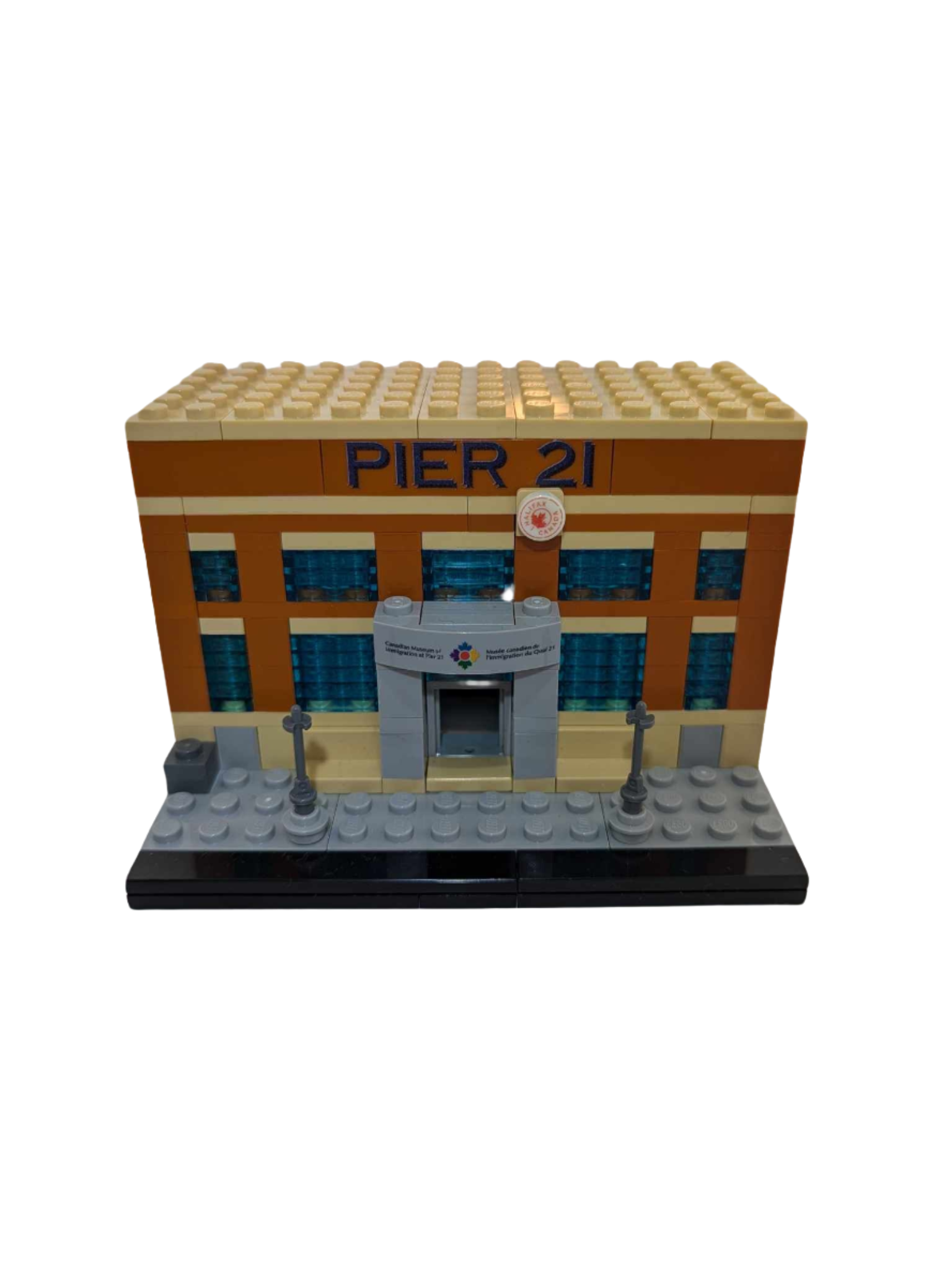 Front facing plastic brick building 