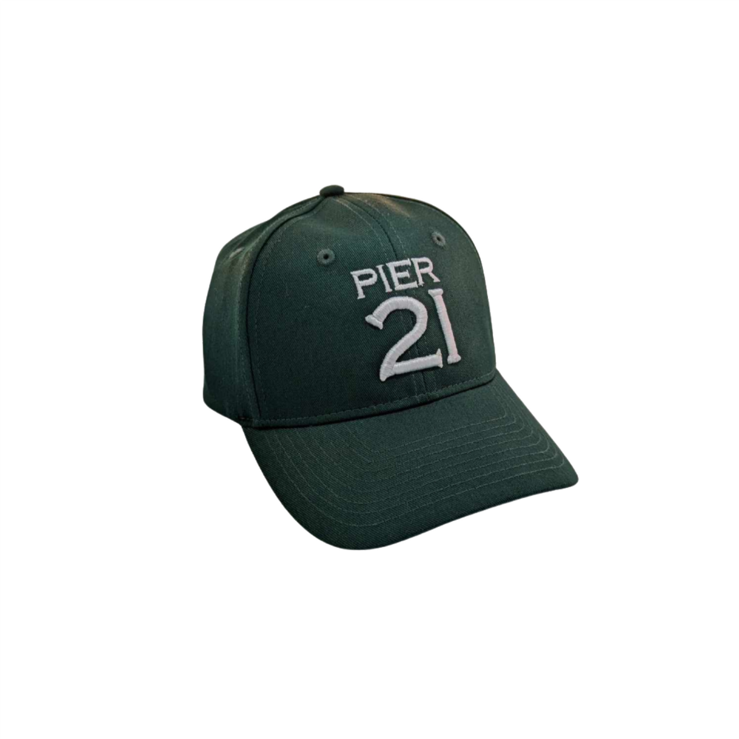 Green, dad-style baseball hat with Pier 21 embroidered on the front in white