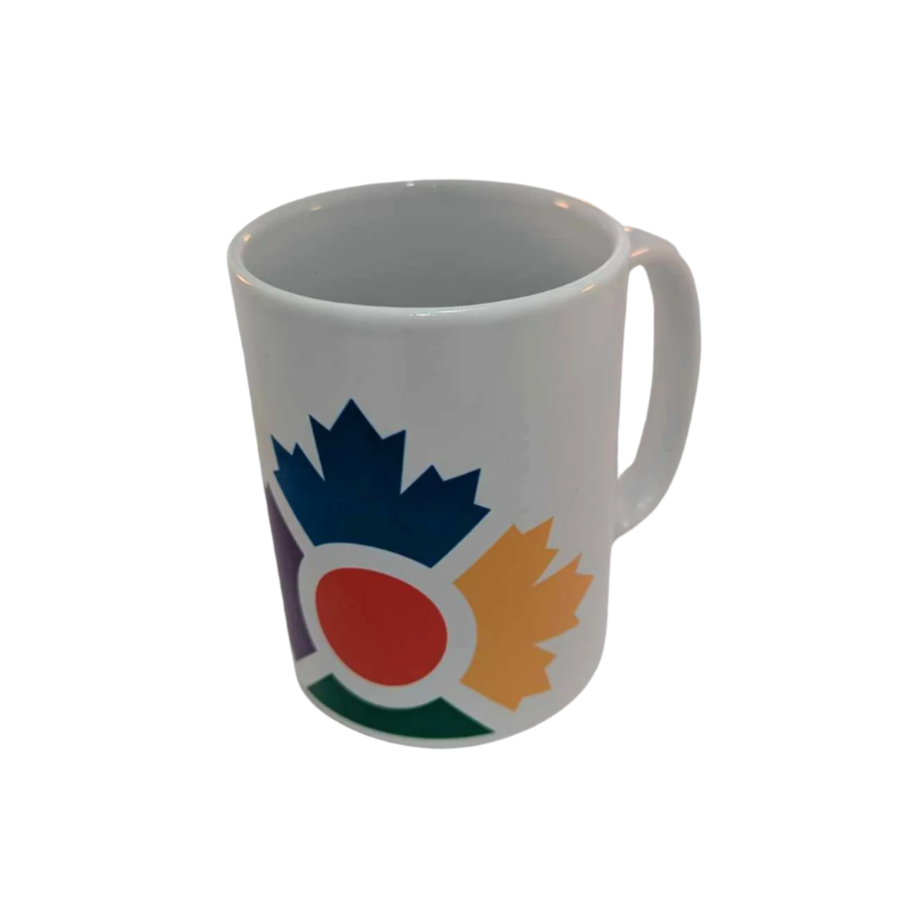 Tall, white mug with colourful icon of four maple leaves in blue, yellow, green and purple with a red circle in the middle 