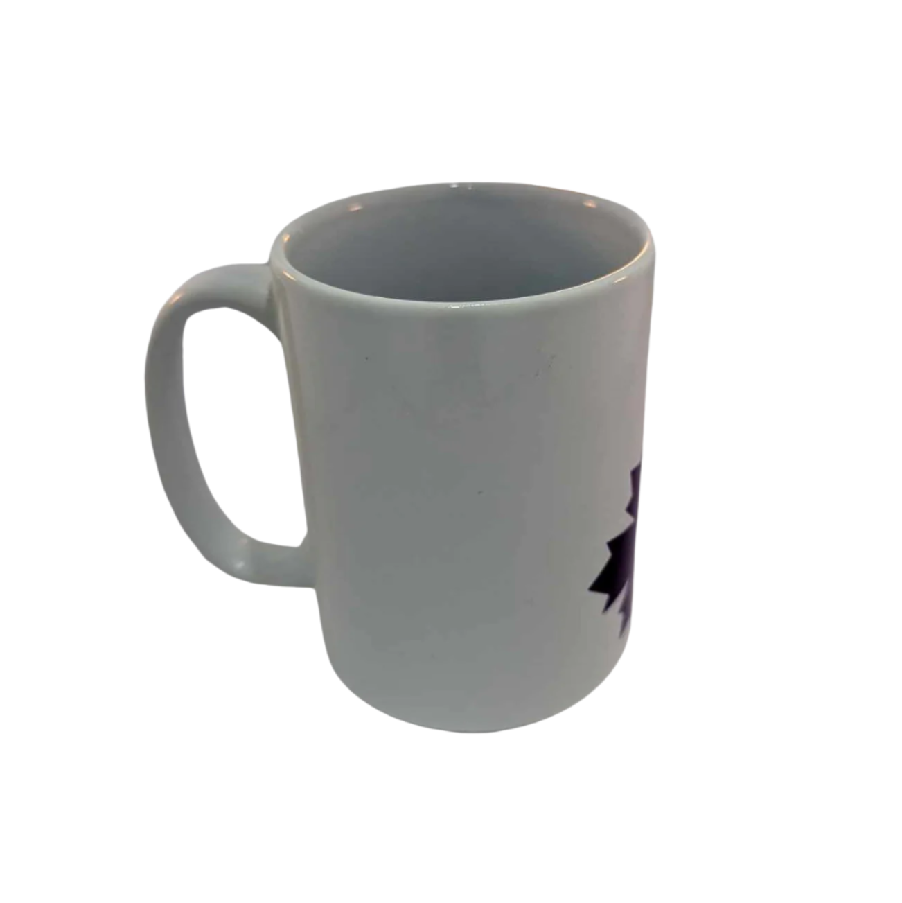 Left side of tall, white mug with only the purple maple leaf showing from the colourful icon 