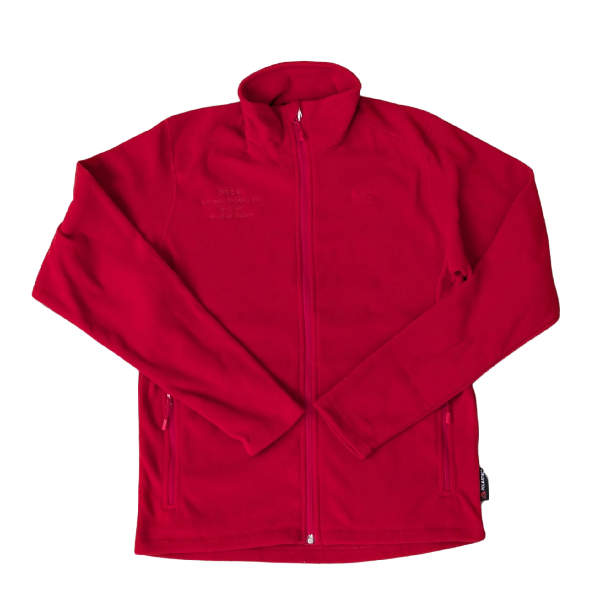 Red Helly Hansen zip up fleece with embroidery on right breast and Helly Hansen logo on left breast 