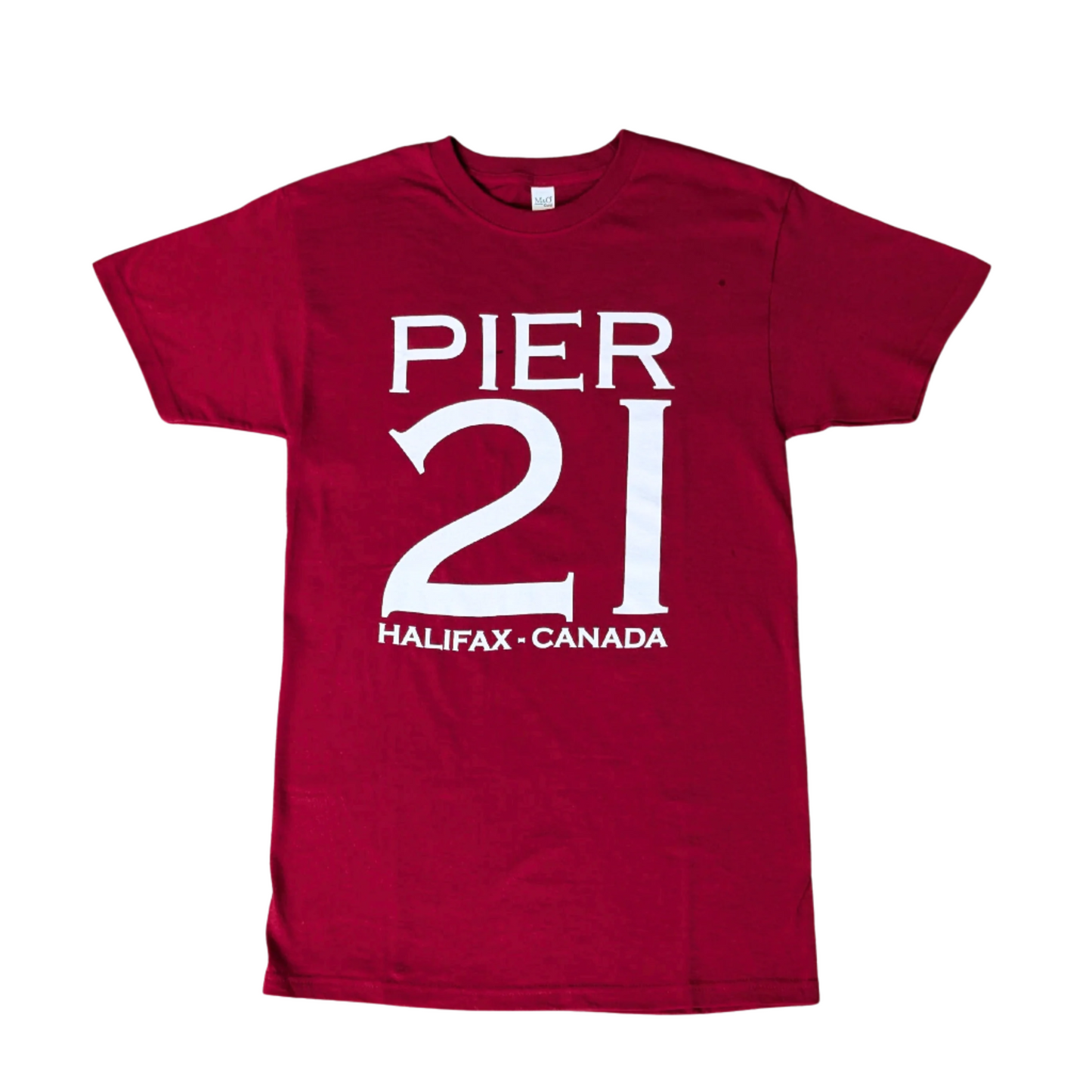 Red cotton t-shirt with Pier 21 in large white lettering and Halifax Canada in smaller letters below 