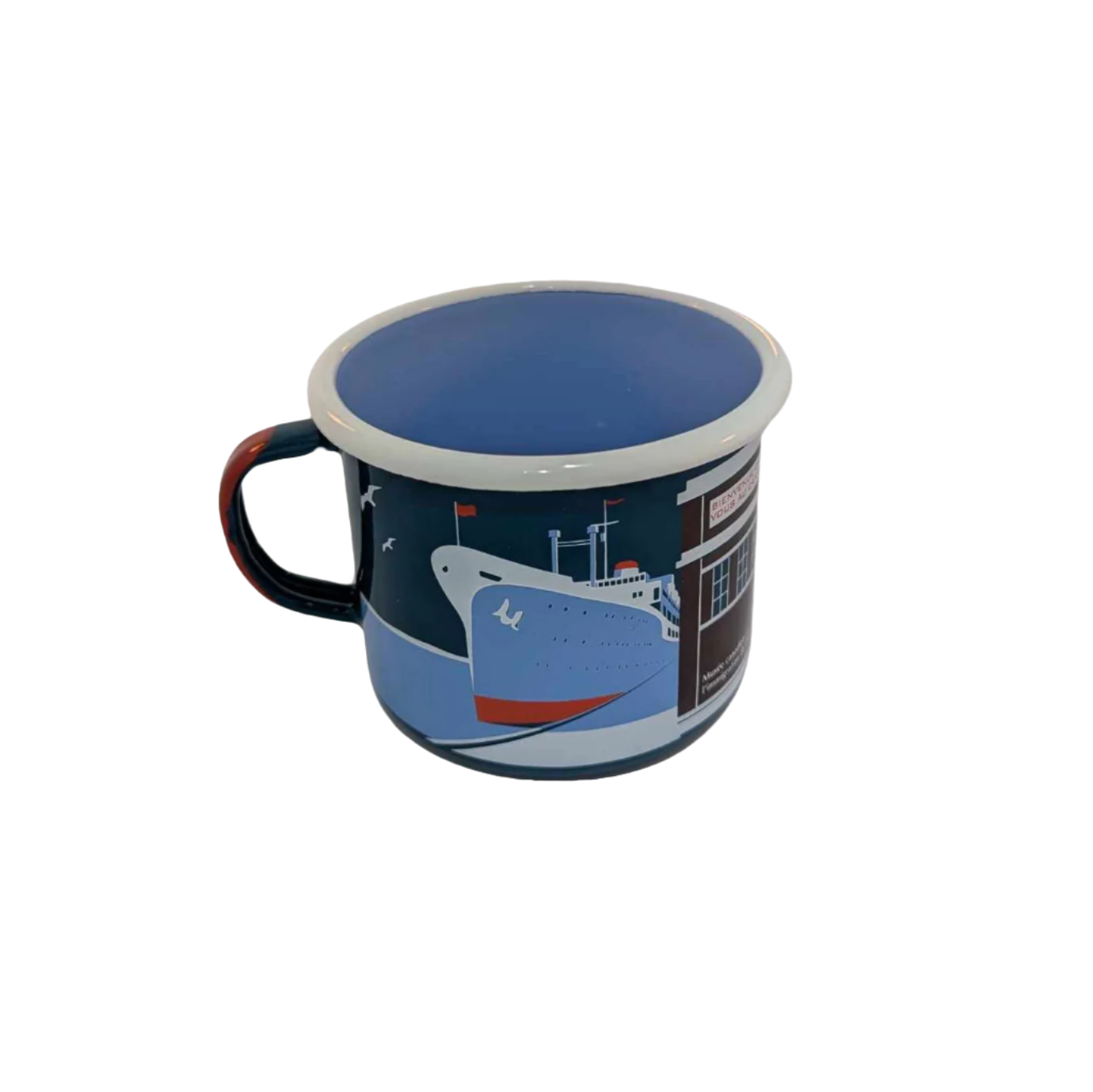 Left-side view of enamel mug with artistic representation of a ship docked outside Pier 21 in blues, brown and red 