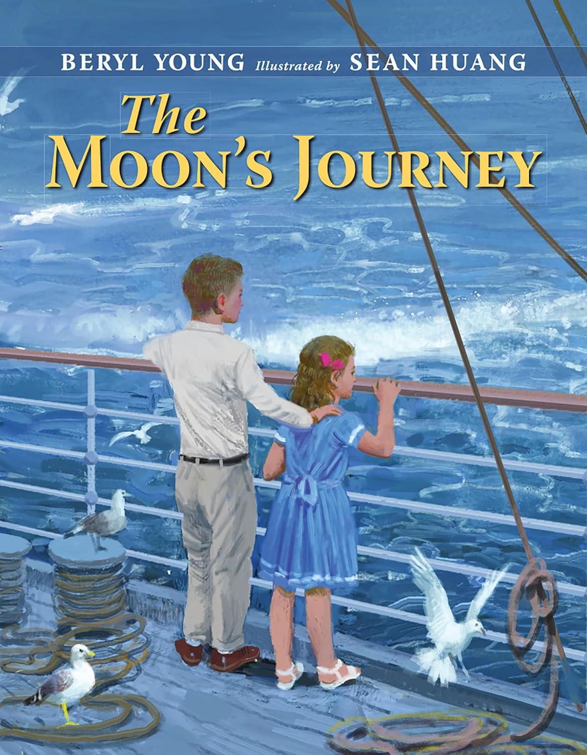 Book cover with two children, a taller boy and a shorter girl, looking over the railings of a ship at the waves of the Atlantic Ocean. 